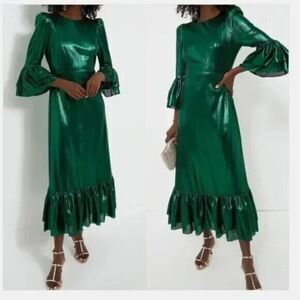 NEW Tuckernuck Dress Emerald Green Lillith Lurex Crinkle Midi Dress Size Large